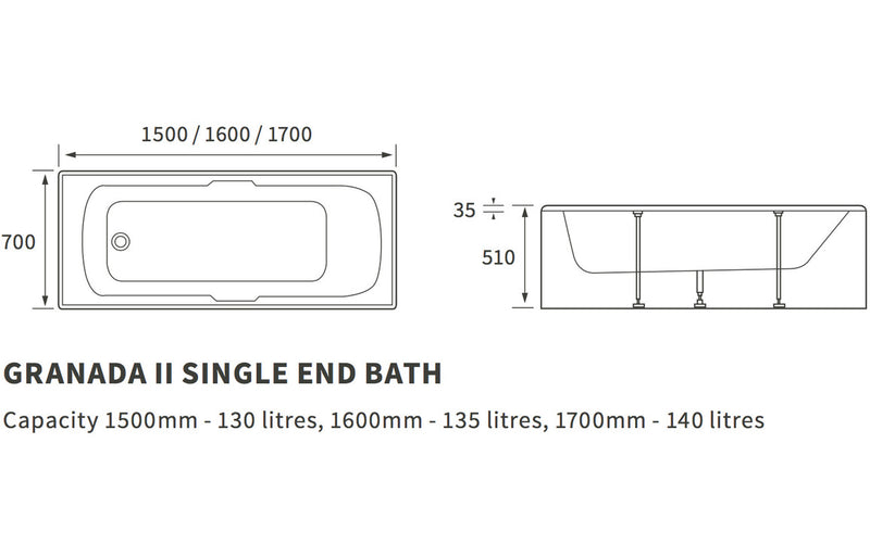 Blackney Single End Twin Grip Textured Base 8mm 1700x700x510mm 2TH Bath