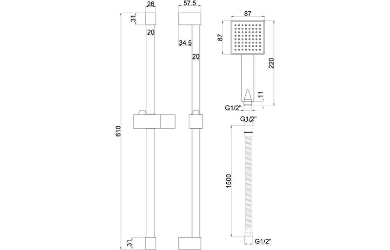 Harmony Square Slider Rail Kit & Single Mode Handset - Matt Black