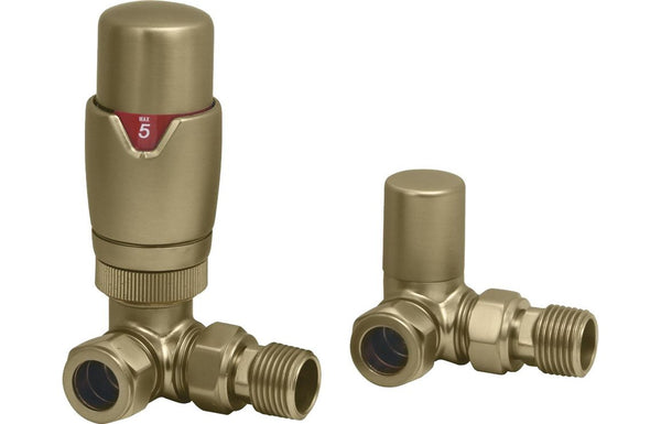 Harmony Round Thermostatic Brushed Brass Radiator Valves - Corner