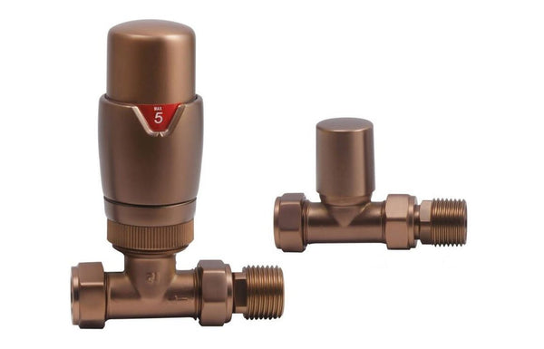 Harmony Round Thermostatic Brushed Bronze Radiator Valves - Straight