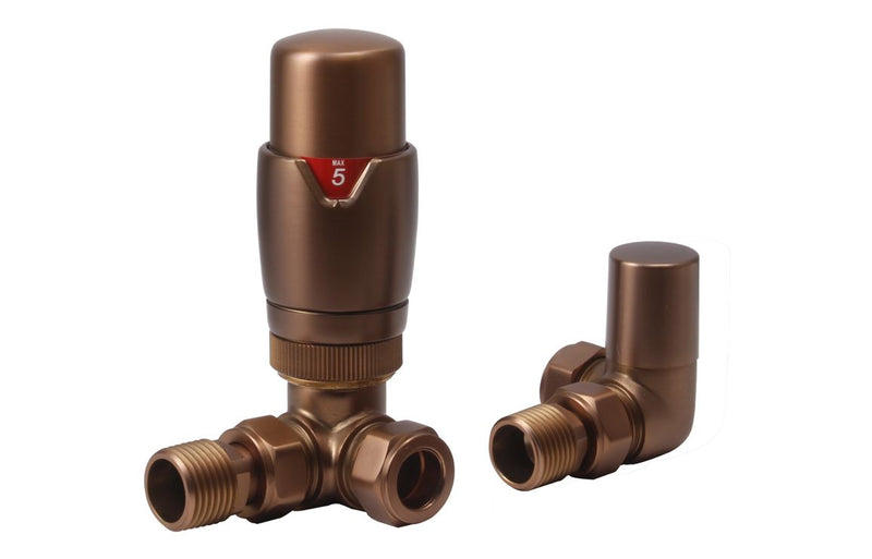 Harmony Round Thermostatic Brushed Bronze Radiator Valves - Corner