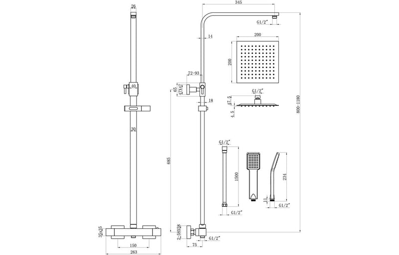 Harmony Square Thermostatic Bar Mixer with Riser Kit - Brushed Bronze