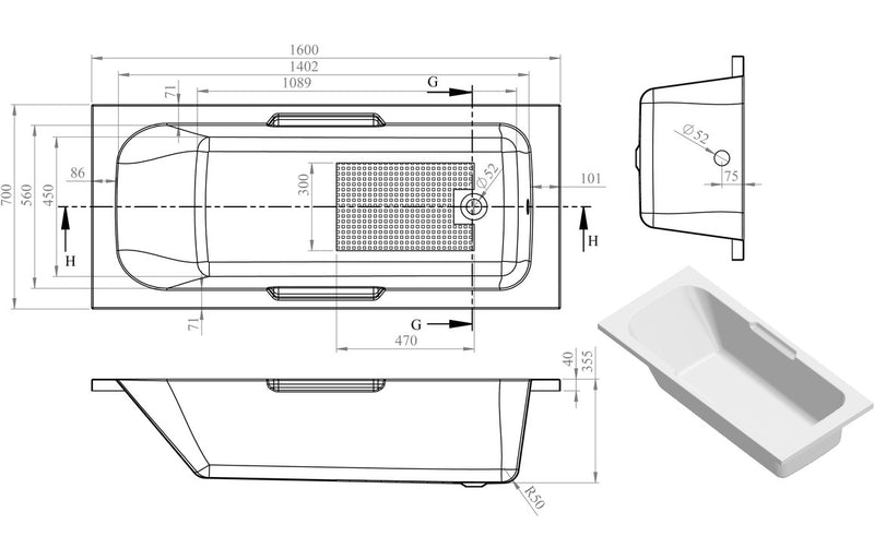 Zen Gripped 1600x700x550mm 0TH Bath with Legs