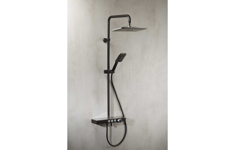 Vema Thermostatic Shower Column with Fixed Head Riser Shelf and Foot Wash - Black