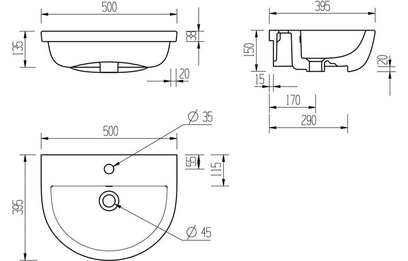 Galactic 500x390mm 1TH Semi Recessed Basin