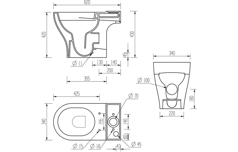 Cuba Rimless Short Projection Close Coupled Open Back WC and Soft Close Seat