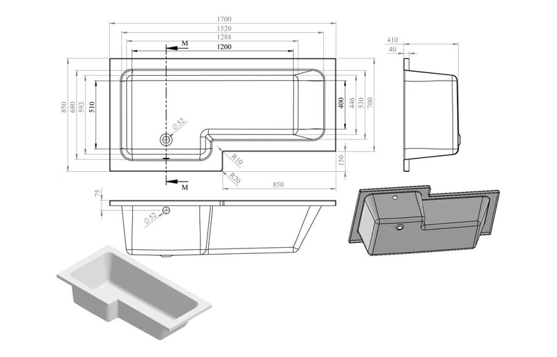 Eden 1700x850x410mm 0TH Shower Bath