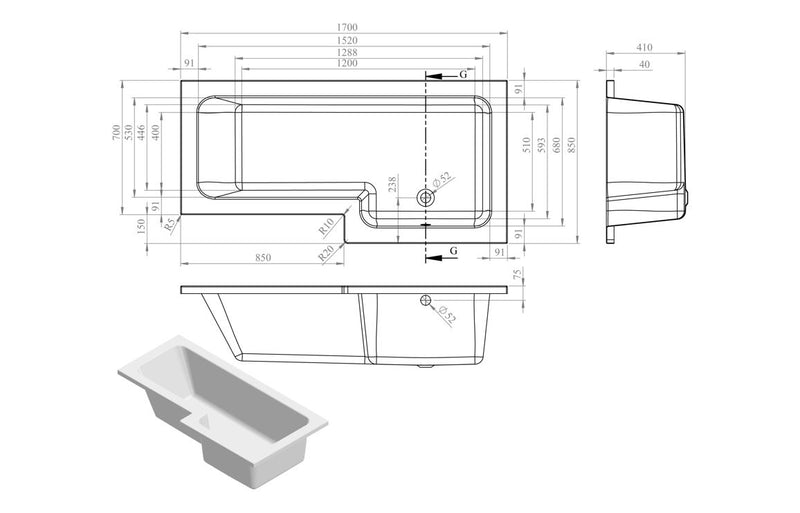 Stour 1700x850x410mm 0TH Shower Bath