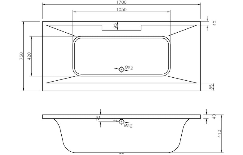 Lannister Deluxe Square Double End 1700x750x550mm 0TH Bath with Legs