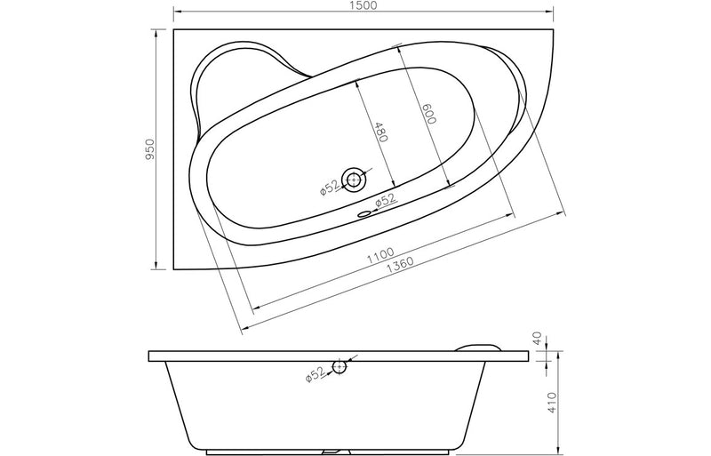 Mormont 1500x950x600mm 0TH Offset Corner Bath with Legs - Left Hand