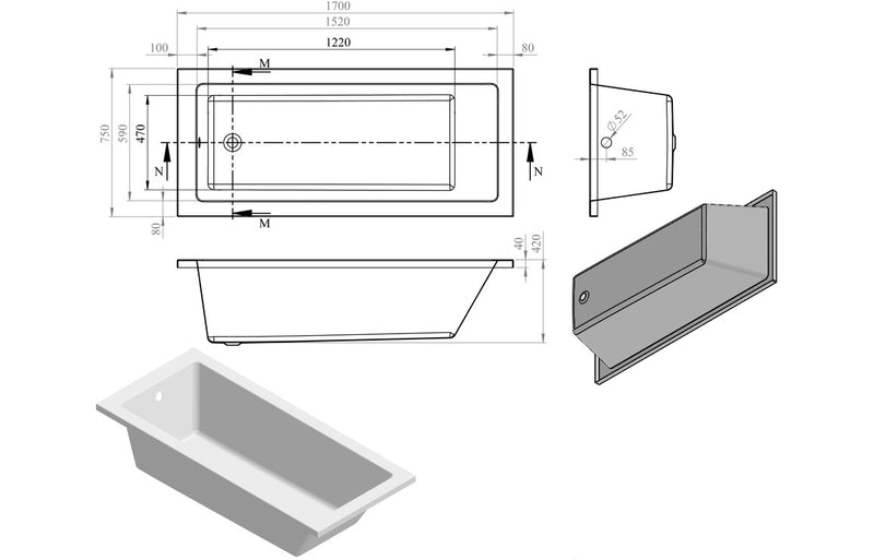 Medford Square Single End Supercast 1700x750x550mm 0TH Bath with Legs