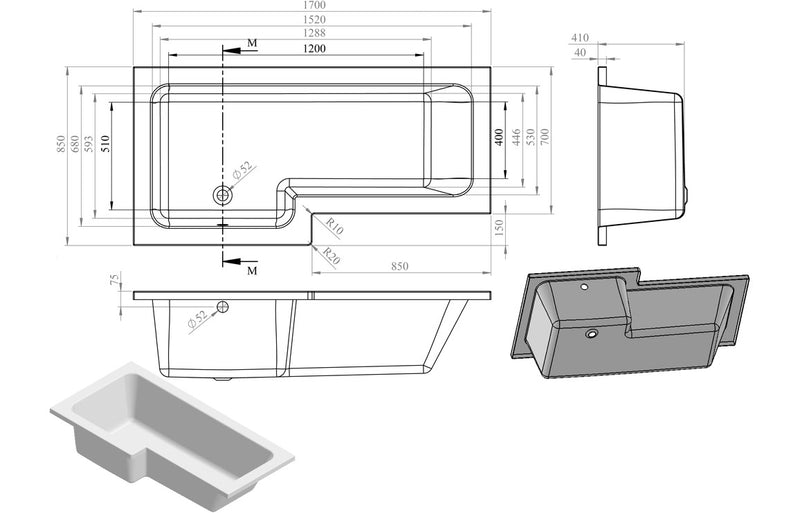 Waveney 1700x850x410mm 0TH Shower Bath