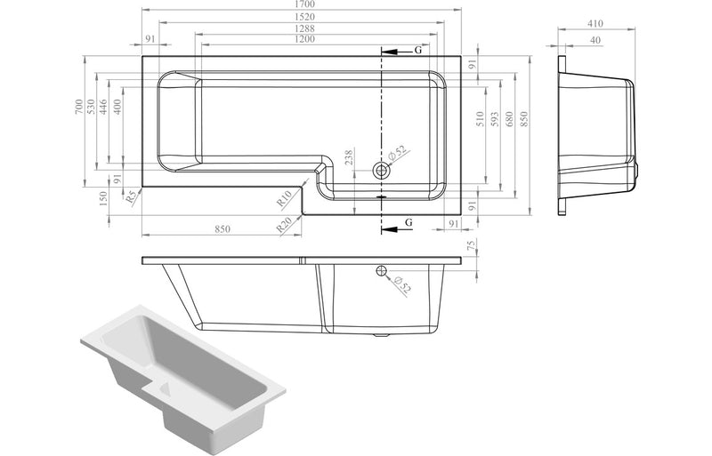 Weaver 1700x850x410mm 0TH Shower Bath