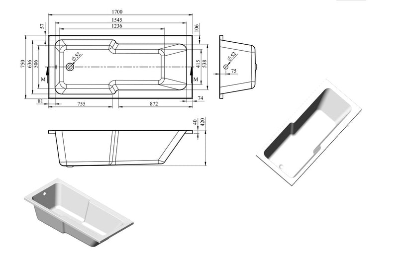 Laguna Straight 1700x750x550mm 0TH "C" Shower Bath with Legs