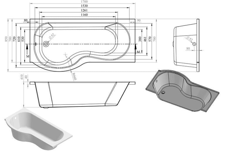 Eva P Shape 1700x850x560mm 0TH Shower Bath Pack - Left Hand