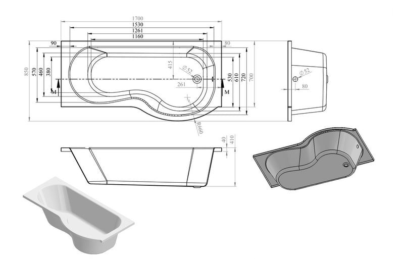 Eva P Shape 1700x850x560mm 0TH Shower Bath Pack - Right Hand