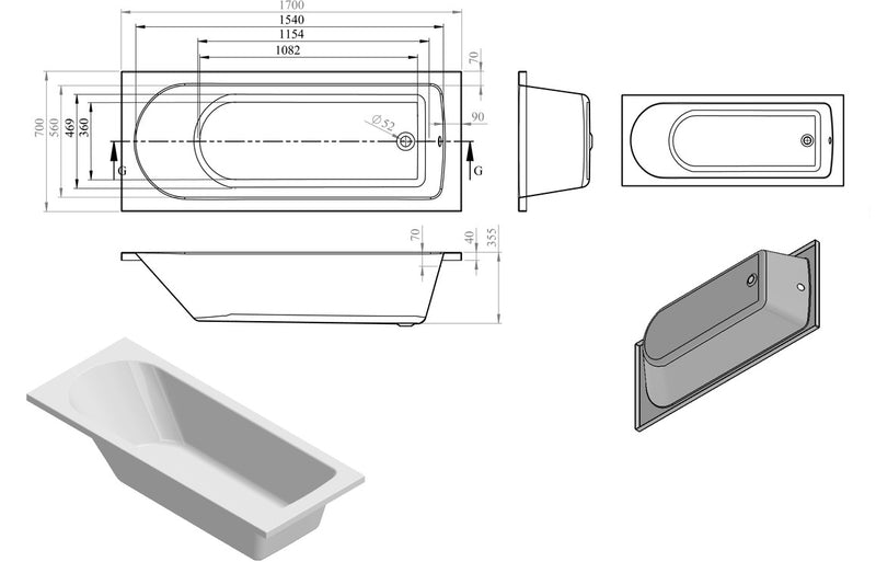 Milano D Shape Single End Supercast 1700x700x550mm 2TH Bath with Legs