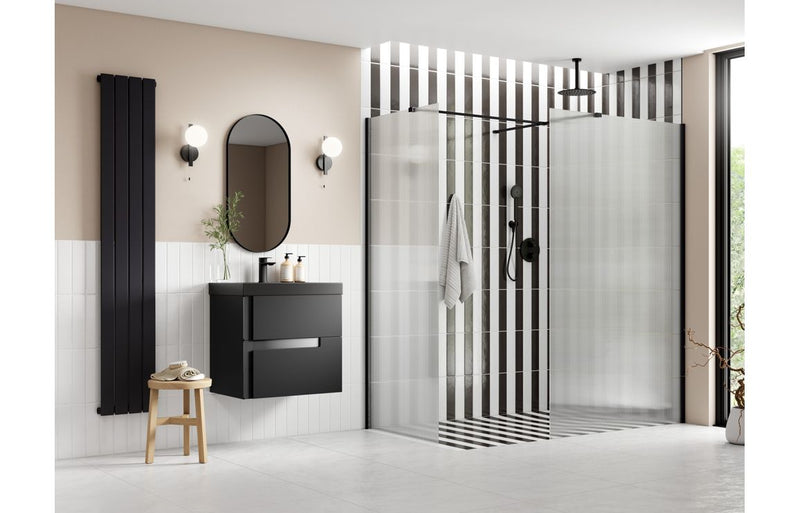 Dino 800mm Fluted Wetroom Panel and Side Panel Arm - Black