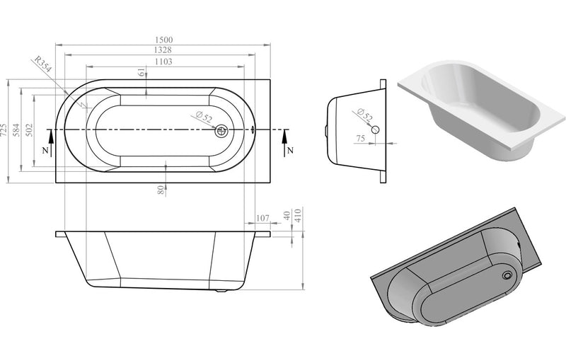 Essence J Shape 1500x725x600mm 0TH Bath with Legs - Left Hand