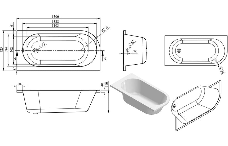 Essence J Shape 1500x725x600mm 0TH Bath with Legs - Right Hand